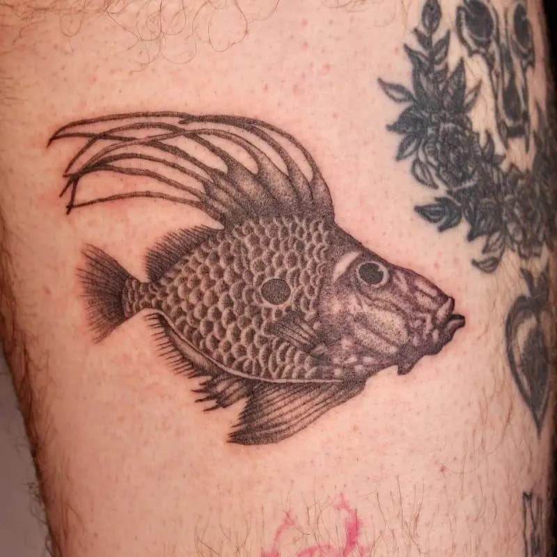 a tattoo of a fish on a person's leg